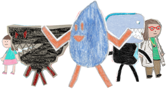 A display of the five characters of cloud uprising. Brennan is front and center, with Cyclan and Mr. Glacier behind and to the left and right of him, respectively. Behind them, respectively, are Rebby and Prof. Cline.