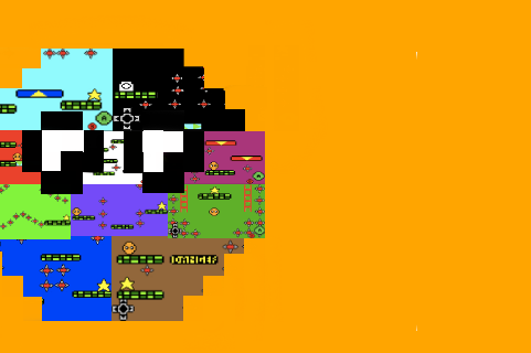 Orange image, with Urtu, the main character of Super Dot Jump, off to the left side. Inside Urtu are screenshots of various levels from that game.